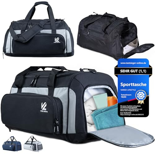 VL® Große Sporttasche mit Schuhfach und Nassfach & [Isoliertes Kühlfach] Saunatasche & Reisetasche für Damen & Herren Gym Bag Gym Tasche, Fitnesstasche, Trainingstasche, Duffel Bag XL 70L Schwarz-Grau