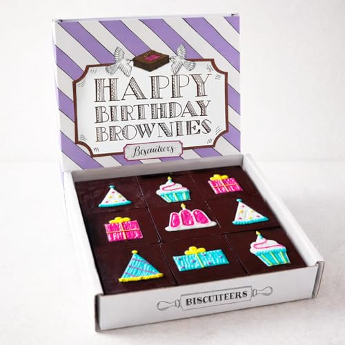 Biscuiteers Birthday Hand-made Brownies by Post - 9 Chocolate Pieces | Fudgy brownies with glossy ganache and a hand-iced finish. Happy Birthday gift box, limited edition, baked in London.