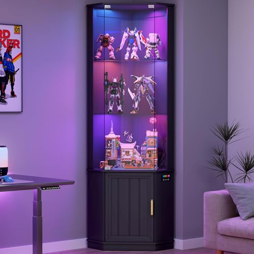Gurexl 175 CM Vitrina de Esquina con 24 Colores de Luces y Sensor de Movimiento para Estar,Vitrina de Cristal con 3 Estantes Ajustables y 1 Armario,Expositora para Coleccionista Estar Curio,Negro