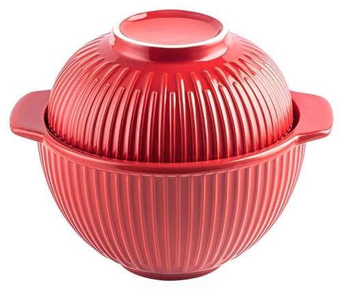 OIFAODAO, Keramisk instant nudelskål, keramiska soppskålar med lock, stor soppkopp handtag, små Ramen-skålar Mikrovågsugn ，Keramisk nudelskål(Red)