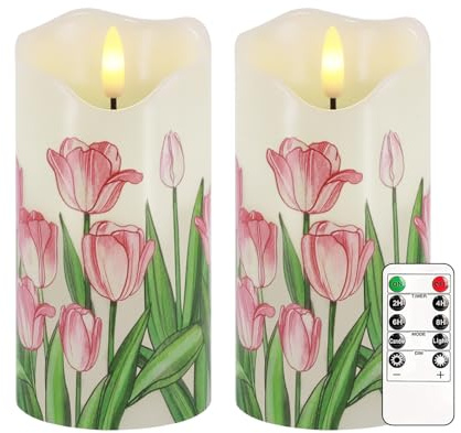 Justup 2 Stück Frühling Tulpe Flammenlose Kerzen mit Fernbedienung, Timer | Flackernde Tulpenblumen Kerzen, Dimmbare Säulen Kerzen Batterie Betrieben für Zuhause, Frühling, Ostern Dekor (Tulpe)