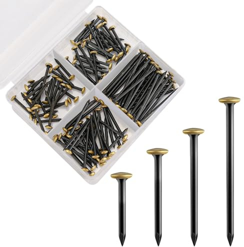 120 Piezas Clavos Acero, Juego Cabeza Dorada Alta Resistencia | 20/25/30/40mm, Para Colgar Cuadros Marcos Sin Taladrar En Paredes Hormigón, Ladrillo, Yeso, Madera, Con Caja 4 Compartimentos