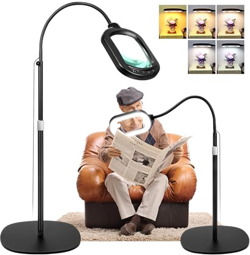 Große Lupe mit Licht und Ständer, 15-fache rechteckige Linse aus optischem Echtglas, höhenverstellbare Lupen-Stehlampe mit flexiblem Schwanenhals, 5 Farbmodi Dimmbar lupenlampe für chließen Arbeit