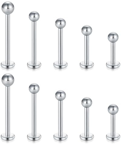 CIZME 10 Stück 16G (1,2mm) Labret Piercing Set Chirurgenstahl – 6-14mm Flat Back Lippenpiercing, Tragus, Helix & Conch Stecker – Silber