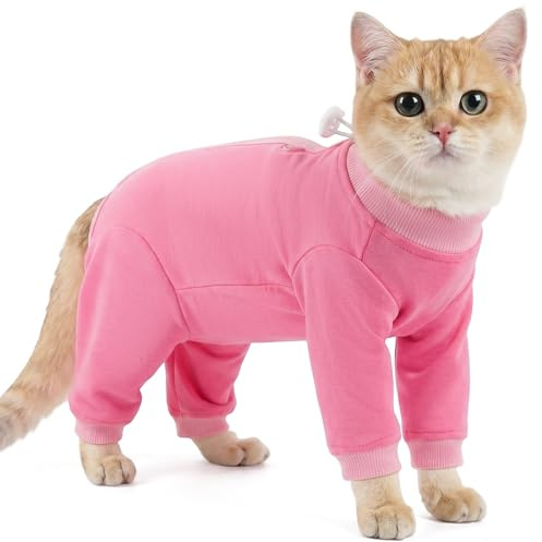 Kattbody med ben, andningsbar kattbody efter operation med ben, operationsbody för katt, kastrering, bekväm pyjamas, förhindrar slickning efter operationer och täcker sår tillförlitligt (rosa, M)