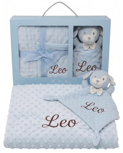 SticTag Pack Manta Bebé Personalizada con Nombre Bordado con Doudou Regalo Personalizado Bebe Recién Nacido Niño Niña 110x80 cm Dou Dou 25x25 cm Baby Shower (Azul)