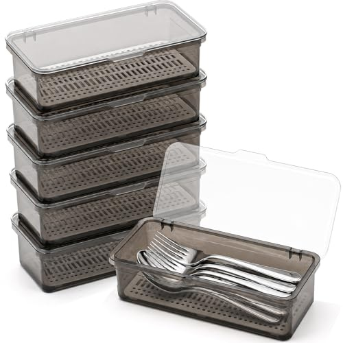 DHNDO 6 Pack Cutlery Organiser Boxes with Lids, 27 x 9 x 7 cm | Plastic Silverware Drawer Organizer, Flatware Tray with Removable Drainer for Fork Spoon Chopsticks Cabinet Countertop