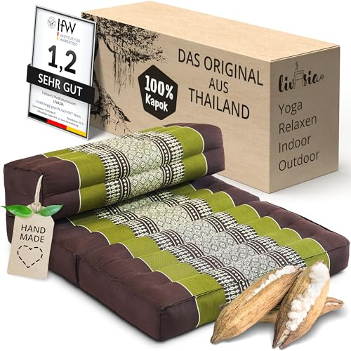 livasia Meditationskissen faltbar klappbar - 72x50x12cm - Zafukissen Zabuton für Yoga und Meditation, Meditationssitz mit Kapok, Sitzkissen Schneidersitz zum Klappen, handgefertigt (Braun/Grün)