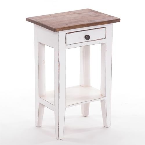 DESIGN DELIGHTS Rustikaler Vintage Telefontisch PLANTA | 52x34cm (HxB), Mahagoni Massivholz | Blumenhocker, Flurtisch, Beistelltisch, Nachtschrank mit Schublade | Farbe: 06 weiß-Landhaus