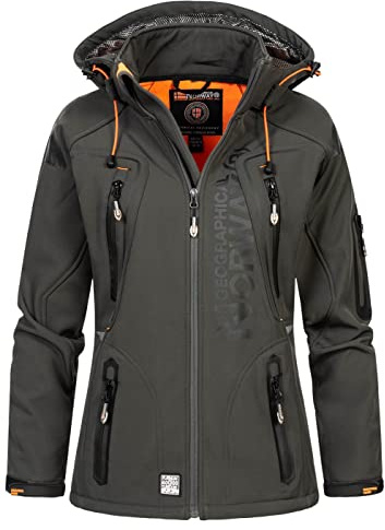Geographical Norway Tislande Lady - Vattentät softshelljacka med huva för kvinnor och utomhusbruk - Vindtät jacka - Utomhusaktiviteter såsom vandring och skidåkning under höst, vinter och vår, Mörkgrå/orange, M