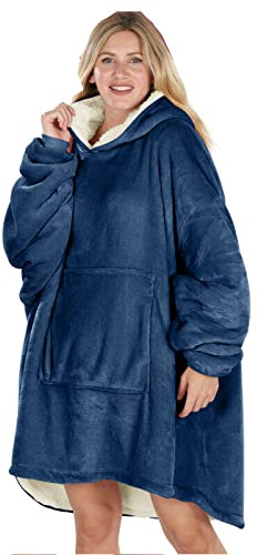 Oversized Hoodie Blanket Women Ultra Plush Fleece with Soft Sherpa Reversible Warm Cosy Comfy Wearable Hooded Giant Sweatshirt Throw for Girls Adults Men Boys Kids Big Pocket (Navy Blue)