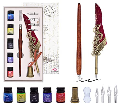 XIAOYU Mechanische Feder Quill Pen Set, Vintage Kalligraphie Dip Pen Set mit 4 Ersatzspitzen, 5 Flaschentinten, Smooth Calligraphy Dipped Pen Ink Kit, Weinrot