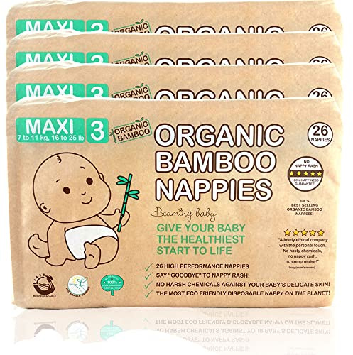 Beaming Baby Organic Bamboo Nappies Size 3 (7-11 kg / 16-25 lb) - 104 Biodegradable Nappies (4 Packs x 26) Monthly Pack. Hypoallergenic- Ideal for Baby's Sensitive Skin, Recyclable Paper Packaging