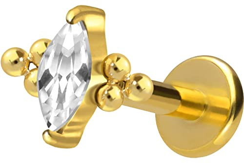 PIERCINGLINE Titan Labret mit Gewinde Aufsatz KRISTALLTROPFEN + 6 KUGELN Piercing Lippe Nase Ohr Helix Tragus Medusa Goldfarben 1,6 x 7 mm