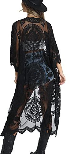 YouKD Blommig klänning med spets för kvinnor, kaftan med lös passform, rymlig kimono, täckande strandklänning för baddräkt, Fsvart, en storlek