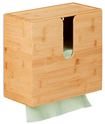Relaxdays Dispensador Papel Secamanos con Tapa, Toallas Tamaño H2, Bambú, 26x27x13 cm, de Pared, Baño y Cocina, Natural
