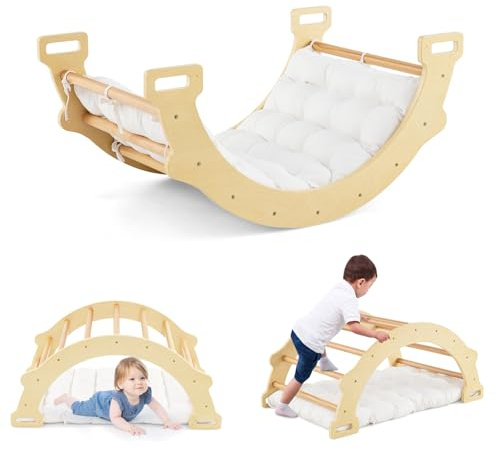 COSTWAY Arco da Arrampicata per Bambini, 2 in 1 Altalena ad Arco in Legno con Cuscino Morbido, Doppia Faccia, Ideale per Bambini 1+ Anni (Naturale)