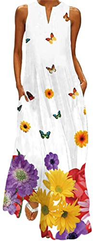Ocean Plus Damen Maxikleid Vintage-Bedruckte Sommerkleid für Mehrfarbiges Langes Ärmelloses Kleid in Mehrfarben mit V-Ausschnitt (S, Chrysanthemen und Schmetterlinge)