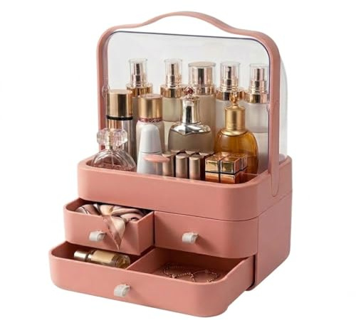 Pink Makeup Organiser Storage Box with Drawers, Cosmetic Display Case for Skincare, Jewellery and Beauty Accessories & Desktop Organiser