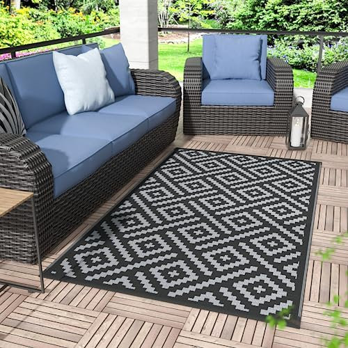 GENIMO Outdoor-Teppiche, 7.6x12.7 cm, wasserdicht, wendbar, Außenteppich, Kunststoff, eeometrische Wohnmobil-Matte für Terrasse, Camping, Wohnmobil, Picknick, Strand, Anhänger (schwarz und grau)