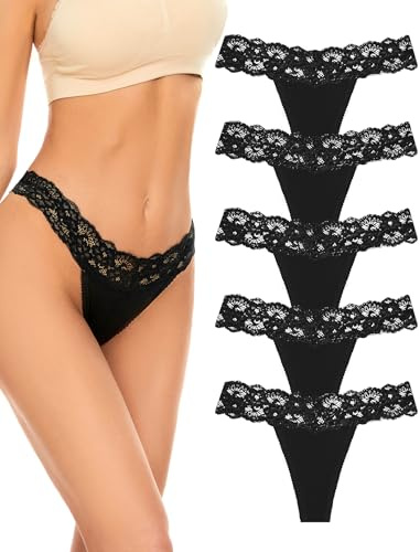 VOENXE Perizoma Mutande Donna Senza Cuciture,Pizzo Misto Cotone Brasiliana | Taglio Laser Underwear,Seamless Thong Women Invisibili Tanga Panties,Elasticizzato Palestra Mutandine Lace Slip,5 Pack