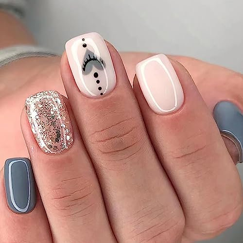 24pcs Short False Nails Glitter Gold Stick on Nails Navy Blue White Heart Design Press on Nail Removable Acrylic Full Cover Glue on Fake Nail Art Accessories for Women