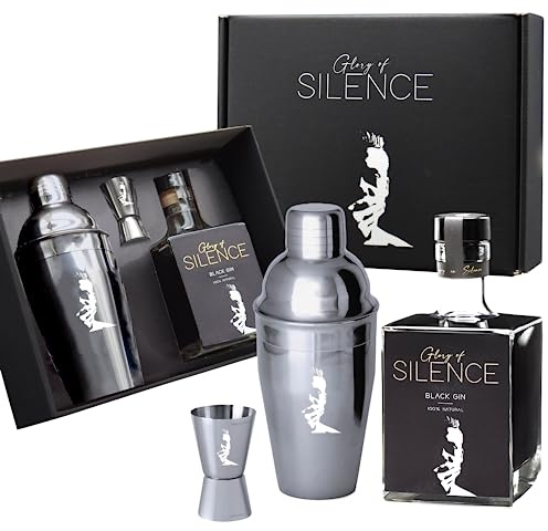 Glory of Silence Geschenkset: Black Gin 0,5 l & Cocktail Shaker Set in schwarzer Geschenkbox | Geschenk Box mit fruchtigen Noten aus Holunderblüte und Brombeere