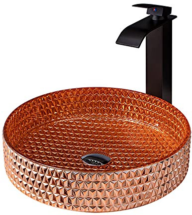 Badezimmer-Waschbecken, Waschtisch, Glas-Waschbecken, zylindrisches Waschbecken auf der Arbeitsplatte, Schüssel über dem Waschbecken, Kunstbecken mit Wasserfall-Wasserhahn und Pop-Up-Ablauf, Gold (Go