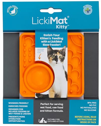 LickiMat Kitty Cat Food Mat - Cat Slow Feeder with Micro Dish for Added Hydration - Perfect for Food, Treats, Yoghurt & Anxiety Relief for Cats - Fun Alternative to a Slow Feeder Cat Bowl - Orange