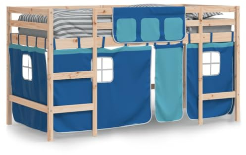 vidaXL Kinderhochbett, Hochbett mit Leiter Vorhängen, Spielbett Bett für Kinder ab 6 Jahren, Kinderbett Etagenbett Stockbett, Blau 80x200cm Massivholz Kiefer