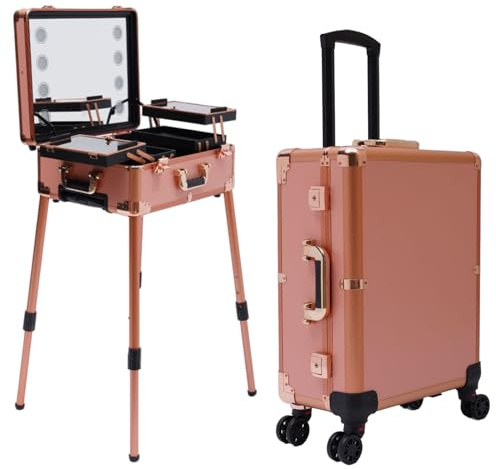 Tragbarer Schminkkoffer, Kosmetik-Organisator mit Licht und Spiegel, höhenverstellbarer Schminkkoffer, Reise-Schminktaschen-Organisator mit Rädern mit Metallschloss (Rosegold)