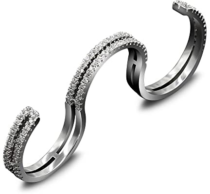 OHMMHO Rhodium plated silver women's two finger adjustable ring, AAA cubic zirconia classic women's accessory, fashionable and cool niche design, light luxury tail ring
