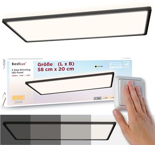 BestLuz Deckenlampe LED Deckenleuchte 58x20 CM (LxBxH) Dreistufige Dimmbar Rechteckig Schwarz LED Panel Ultra Flach 3000 LM 24W Neutralweiß 4000K mit Backlight für Badezimmer Schlafzimmer Wohnzimmer