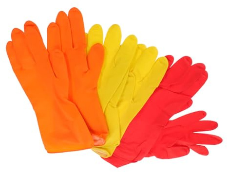 MOLUCKFU 3 Pairs Household Latex Cleaning Gloves Dishwashing Gloves for Cooking Red Yellow Orange 40g Lightweight for Kitchen and Household Cleaning