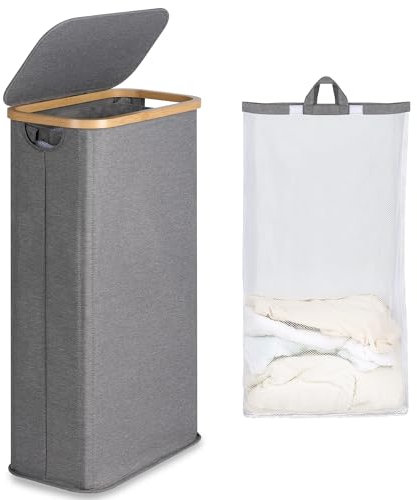 efluky Cesta Portabiancheria con Coperchio 63L, Sporca Sottile Cesto Panni Sporchi, Cesto per la Biancheria Pieghevole Grigio con Manici in Bambù e Borsa Rimovibile per Camera da Letto, Lavanderia