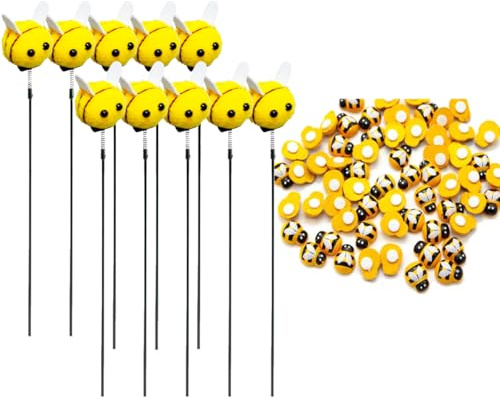 109Pcs/Pack Mini Bee Garden Ornament Bee Decorative Garden Stakes for Plants Bee Stickers Decor Bees Stake Flowers Pots Decorations Outdoor Outside Yard Lawn Gifts Light Yellow
