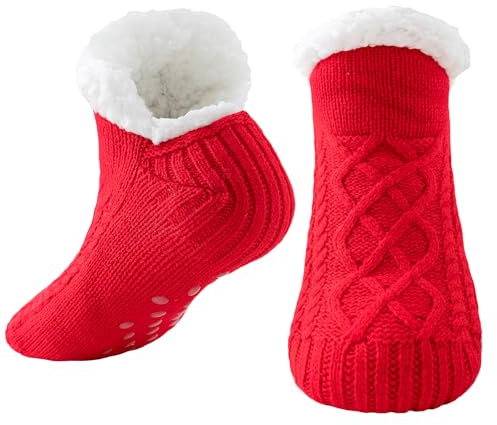 Niorasen Chaussettes Chausson Femme Homme, Pantoufles Antidérapantes Thermiques, Chausson Hiver Polaire Chaussette Chaude, Grosses Chaussettes Pilou Pilou de Noël, Cadeau de Noël, Rouge