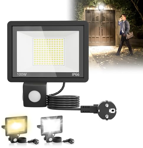 Froadp LED Außenlampe mit Bewegungsmelderr Aussen Strahler mit 150cm Stromkabel IP66,100W Außenstrahler aus Aluminium-Druckguß,Fluter Licht für Garten,Terrasse,Garage,Hof (Mit Stecker, Warmweiß)
