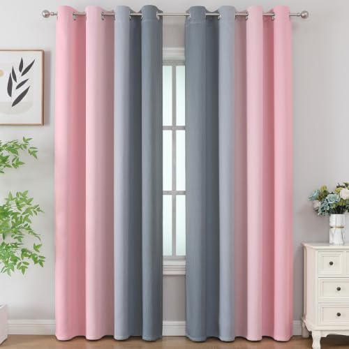 VEHEDE Farbverlauf Gardinen mit ösen Wohnzimmer Vorhänge mit ösen, Ombre Thermovorhang Kälteschutz Vorhang 229 cm Lang, H 229 x B 132 cm, Rosa und Grau, 2er Set Verdunklungsvorhänge