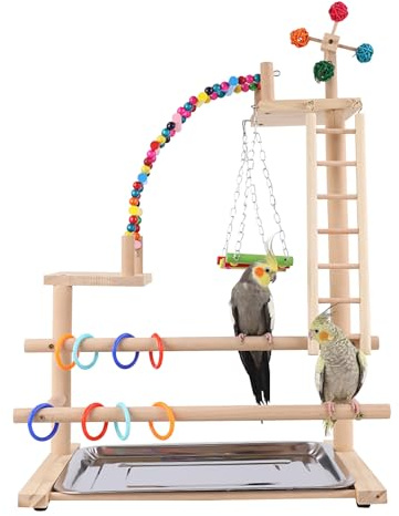 BeauFairy Bird Playground Parrot Play Stand, 46*31*70CM, Parrot Playstand Wood Play Gym, with Swing Climb Natural Wood Playpen Ladder and Tray, for Parakeets, Cockatiels, Bird Cage Accessories, F557