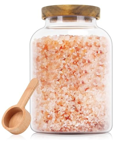 Gzsekken Bath Salt Container,Glass Bath Salt Jar with Scoop & Wooden Lid,Airtight Bath Bomb Storage Dispenser, Bathroom Decor and Accessories Large Bath Tub Jars for Women
