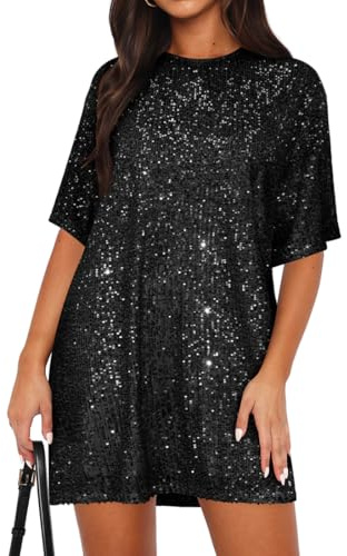 EUDOLAH Women's Sparkly Backless V-Neck Shirt Dress Sexy Half Sleeve Loose Party Club Cocktail Dress (M,Black)