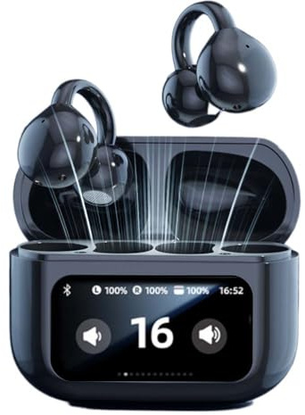 Bluetooth Kopfhörer mit Ohrclip, 2025 Neu Clip On Kopfhörer mit LED Touch-Screen, Clip On Ear Headphones Open Ear Kopfhörer Kabellos Bluetooth 5.4 Fernbedienung für Mobiltelefone für Sport (Schwarz)