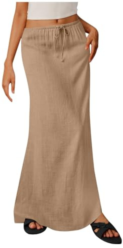 Linen Skirt Womens Maxi Skirts 2026 Summer Casual Boho Flowy Long Skirts Comfy Cotton Linen Beach Vacation Skirts for Curvy Women Khaki M