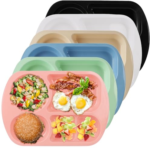 UNQMAG 6 Stück Menüteller Geteilte Teller 5 Fächer, 30 x 21.2 x 2.6 cm, Teller Unterteilt Plastik mit Unterteilung, Plastikteller Mehrweg Spülmaschinenfest, für Schule, Büro, Party(6 Farben)