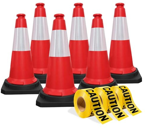 Berry 75CM Traffic Cones with 2” x 50 meter Caution Tape | High Visibility Safety Cone with Reflective and PVC Black Base, 30 Inch PE Portable Road Cones for Street (Set of 6)