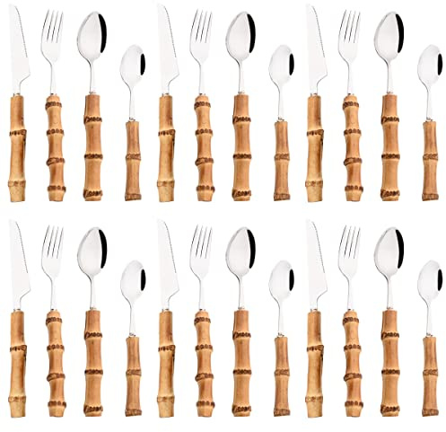 CVNIMV Juego de Cubiertos de Acero Inoxidable de 16/24 Piezas con Mango de bambú, Cuchillo, Tenedor, Cuchara y cucharilla para Carne, vajilla de Cocina.