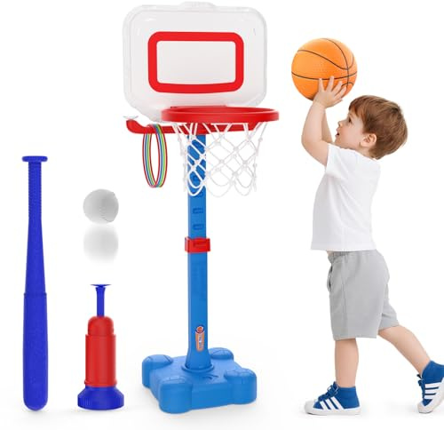 EagleStone 4-in-1 Toddler Basketball Hoop and T Ball Set, Adjustable Height Basketball Hoop,Tee Ball & Ring Toss Toy, Outdoor Indoor Sports Gift for Boys Girls Toddlers Ages 3-8