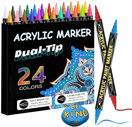 CNMTCCO Acrylstifte für Steine wasserfest, 24 Farben Dual Tip (0,5–5mm, Feine Spitze & Pinsel) für Steinmalerei, Basteln & DIY