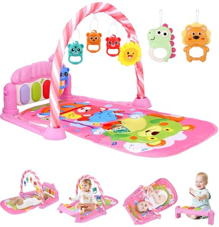 Huifoo Baby Spielbogen Spieldecke,pieldecke Spielmatte mit Klavier und Lichtern,Spielmatte mit Spielbogen abnehmbarem Babyspielzeug,Bauchzeit Activity Decke für Baby & Kleinkinder 0-24 Monate,Rosa